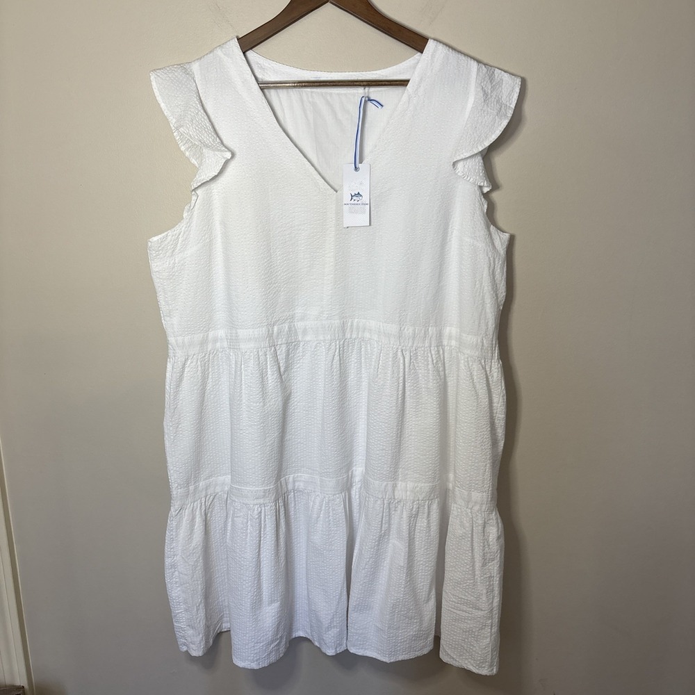NWT Southern Tide Evelyn Searsucker Tiered Dress White XL Flutter Sleeve - Picture 1 of 8